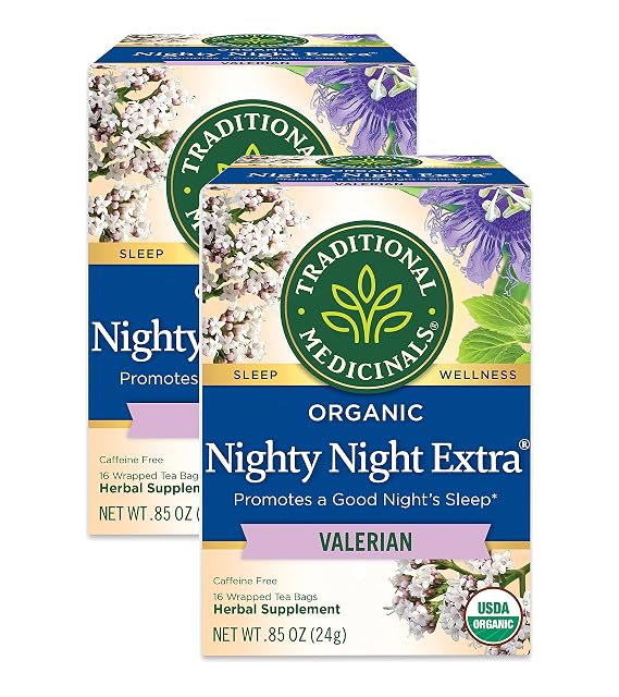 Traditional Medicinals Organic Nighty Night Extra with Valerian Herbal Tea, Promotes a Good Nights Sleep, (Pack of 2) - 32 Tea Bags Total