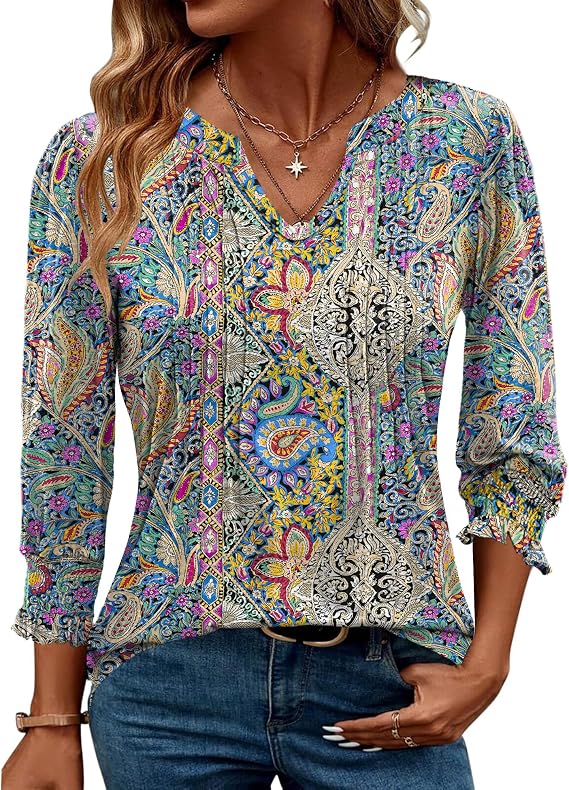 AKEWEI Blouses for Women Dressy Casual 3/4 Length Sleeve Spring Tops for Women V Neck Pleated T Shirts