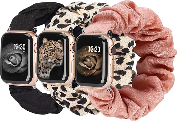 TOYOUTHS 3 Pack Compatible with Apple Watch Band Scrunchies Women 38/40/41/42mm Cute Stretchy Elastic Cloth Fabric Strap Bracelet for iWatch Series 11 10 9 8 7 6 5 4 SE 3 2 1, Black/Leopard/Pink, S