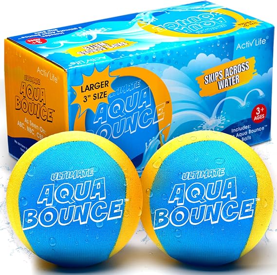 Activ Life Ultimate 2 Pack Larger 3 Water Skip Balls - Bouncing Balls for Swimming Pool & Beach Fun - Designs Include Baseball, Basketball, Volleyball, and Tennis for Kids, Friends, and Family