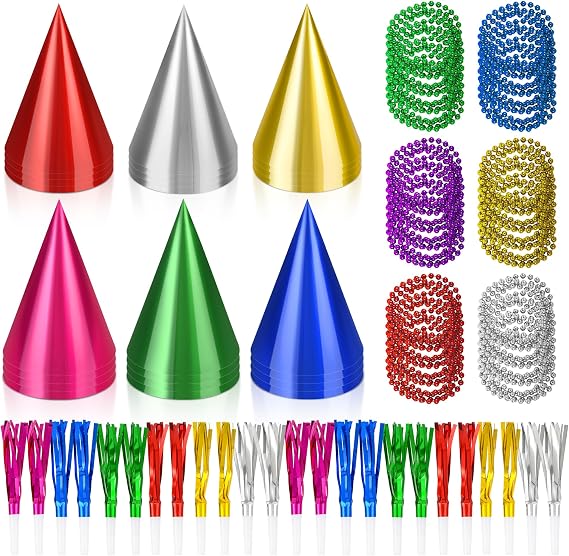 72 Pcs Colorful Birthday Party Hats Set Includes 24 Party Cone Hats 24 Colorful Bead Necklaces Metallic Fringe Blowers Noise Makers Party Supplies for Photo Booth Props