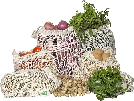 Reusable Mesh Produce Bags - 8 Pack, 100% Organic Cotton Reusable Net Vegetable Bags - Environment-friendly & Washable Fruit, Vegetable & Produce Sacks (2 X Large, 2 Large, 2 Medium, 2 Small)