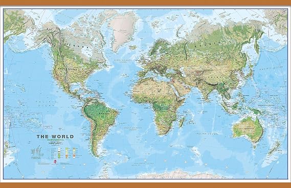 World Large Wall Map Laminated with Wooden Hanging Bars 36 x 48 in